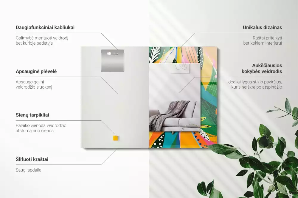 Oglindă dreptunghiulară cu ramă decorată cu imprimeu abstract colorat