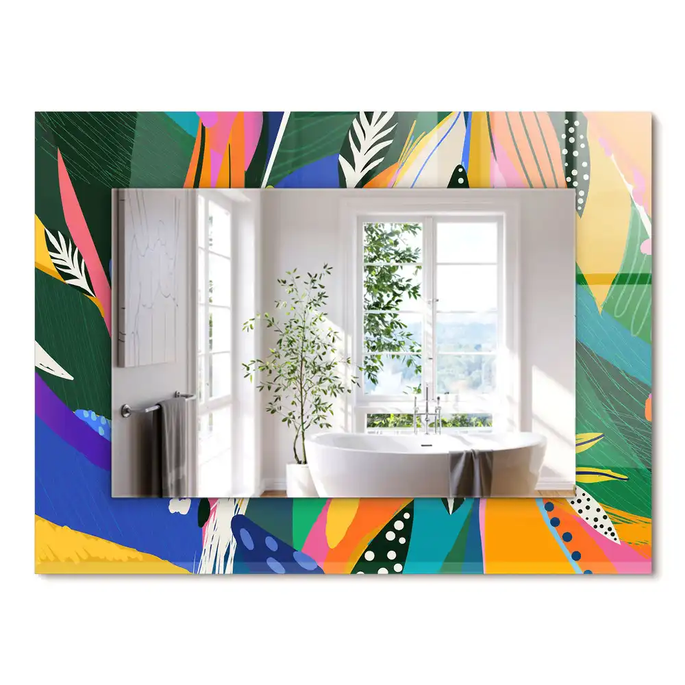 Oglindă dreptunghiulară cu ramă decorată cu imprimeu abstract colorat