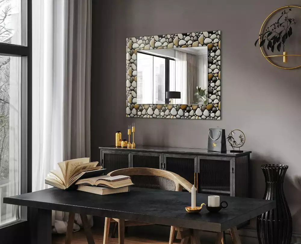 Oglindă dreptunghiulară decorativă de perete cu textură în formă de pietre
