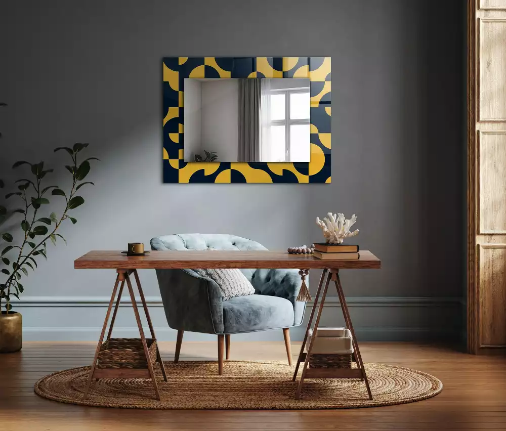 Oglindă dreptunghiulară cu ramă imprimată cu model geometric abstract