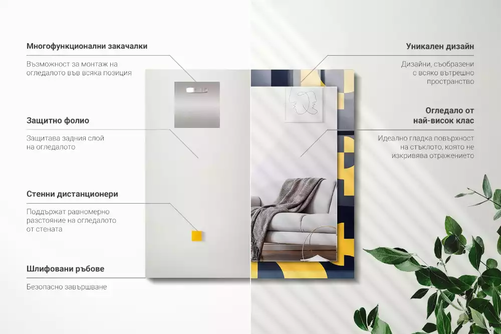 Oglindă dreptunghiulară cu ramă imprimată cu model geometric abstract