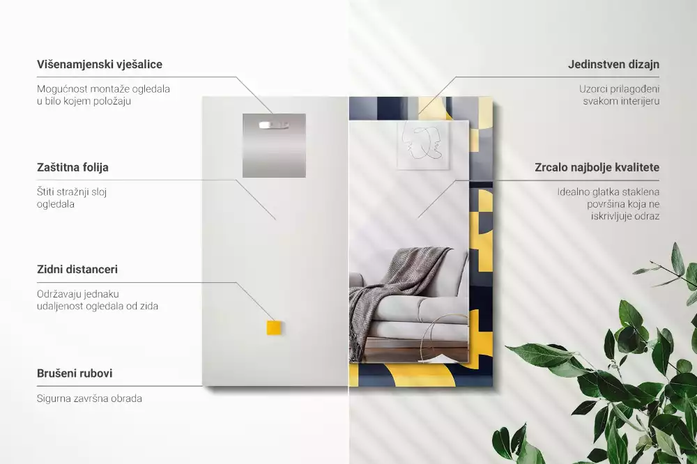 Oglindă dreptunghiulară cu ramă imprimată cu model geometric abstract
