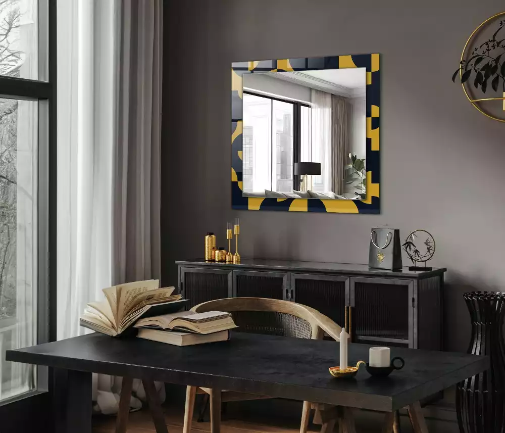 Oglindă dreptunghiulară cu ramă imprimată cu model geometric abstract