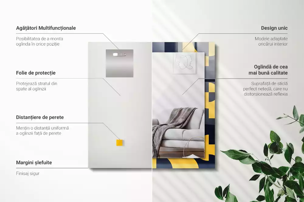 Oglindă dreptunghiulară cu ramă imprimată cu model geometric abstract