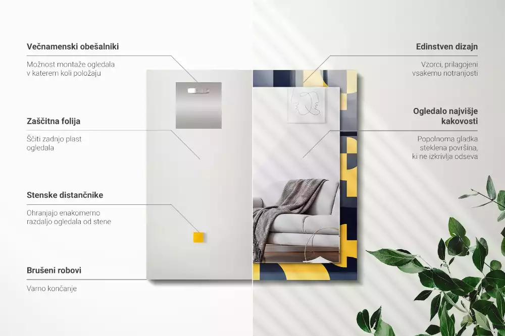 Oglindă dreptunghiulară cu ramă imprimată cu model geometric abstract