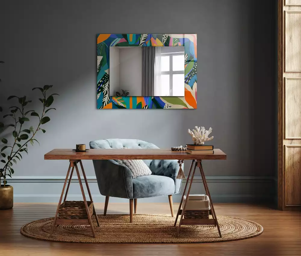 Oglindă dreptunghiulară cu ramă decorată cu imprimeu floral abstract colorat