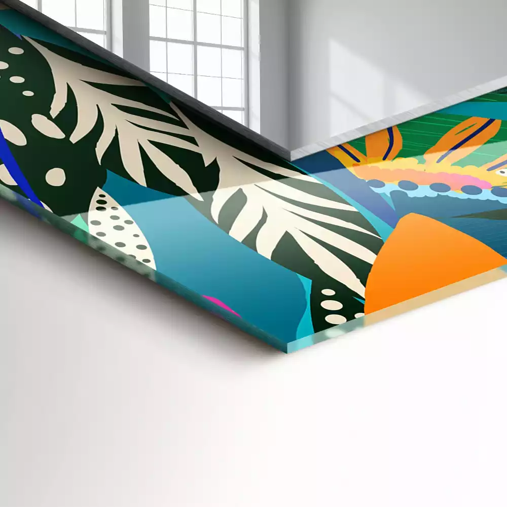 Oglindă dreptunghiulară cu ramă decorată cu imprimeu floral abstract colorat