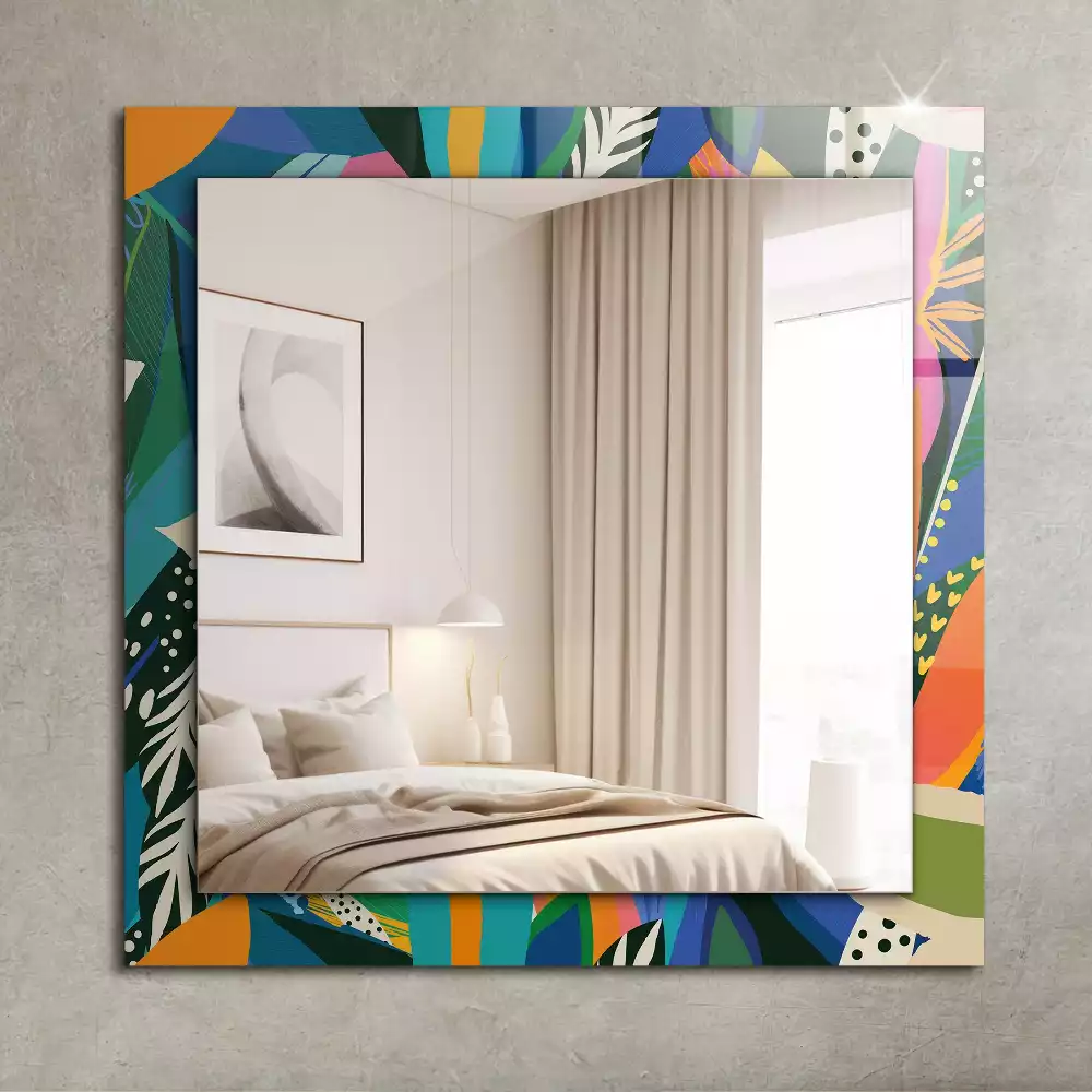 Oglindă dreptunghiulară cu ramă decorată cu imprimeu floral abstract colorat
