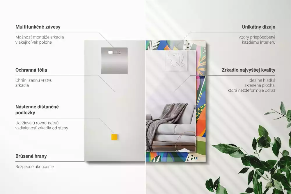 Oglindă dreptunghiulară cu ramă decorată cu imprimeu floral abstract colorat