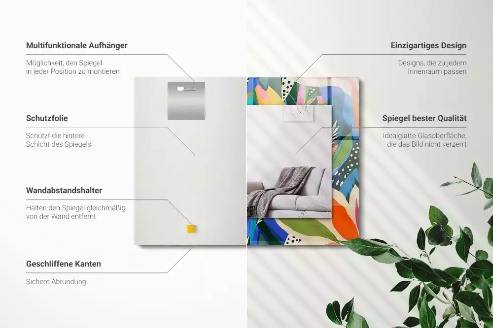 Oglindă dreptunghiulară cu ramă decorată cu imprimeu floral abstract colorat