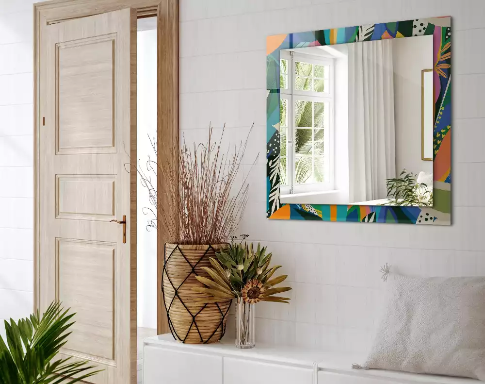 Oglindă dreptunghiulară cu ramă decorată cu imprimeu floral abstract colorat