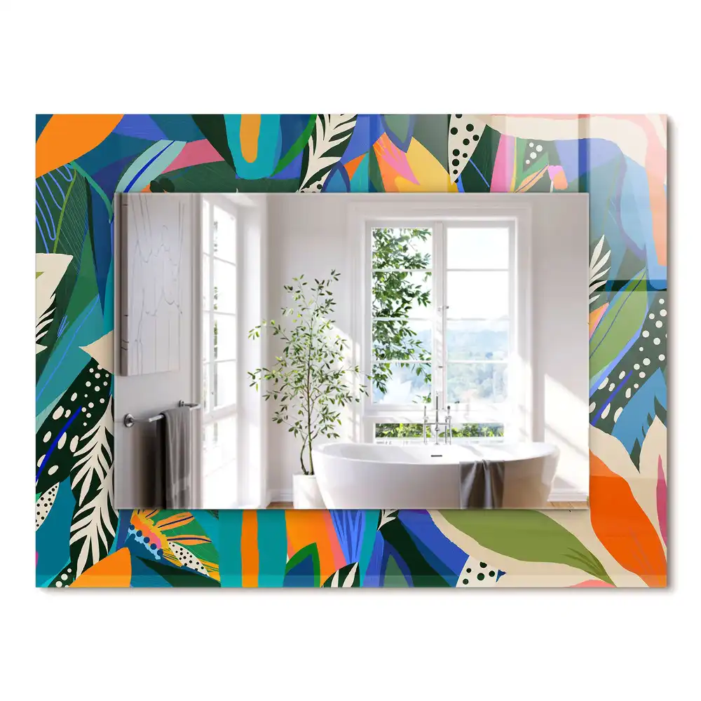 Oglindă dreptunghiulară cu ramă decorată cu imprimeu floral abstract colorat