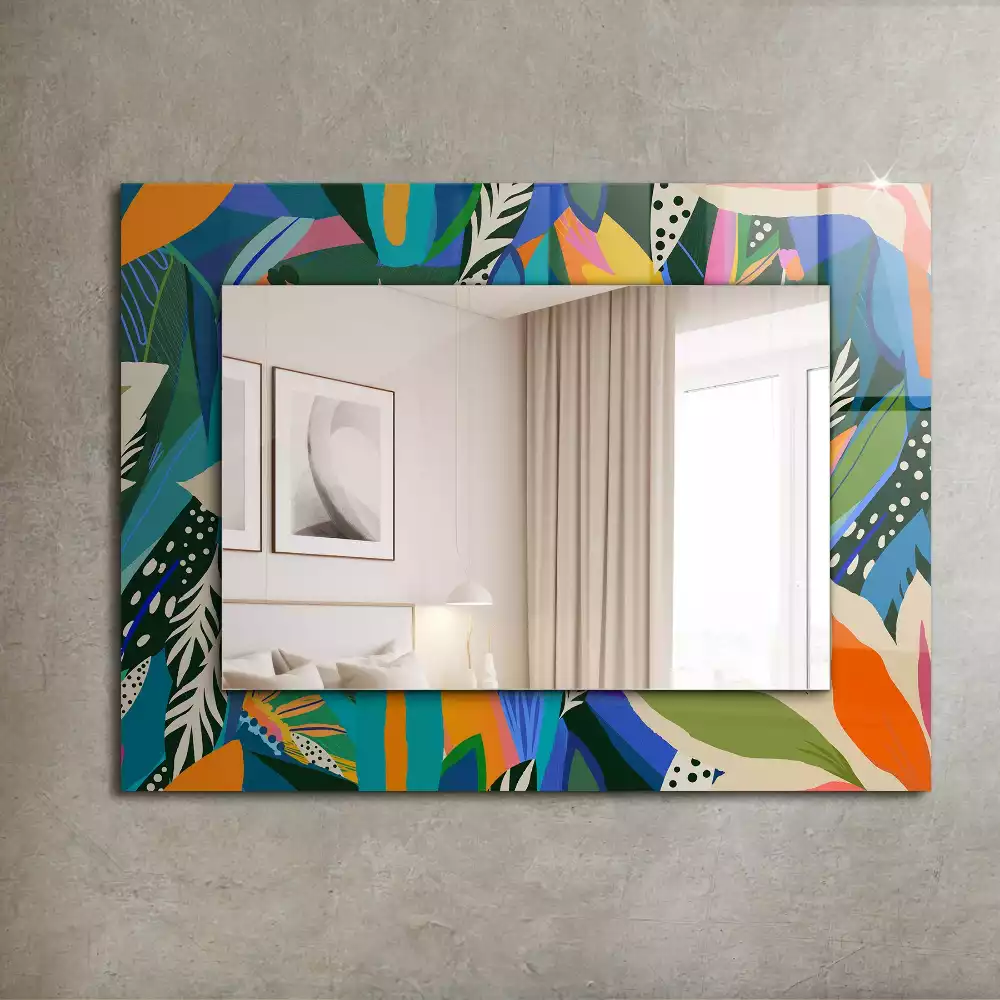 Oglindă dreptunghiulară cu ramă decorată cu imprimeu floral abstract colorat
