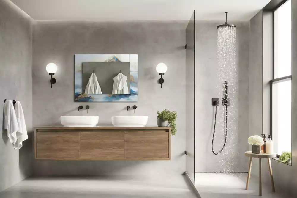 Oglindă decorativă de perete dreptunghiulară cu peisaj munți în ceață