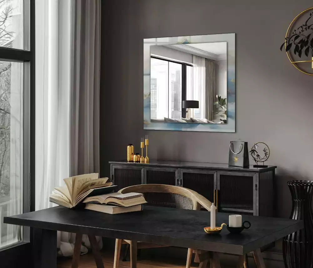Oglindă decorativă de perete dreptunghiulară cu peisaj munți în ceață