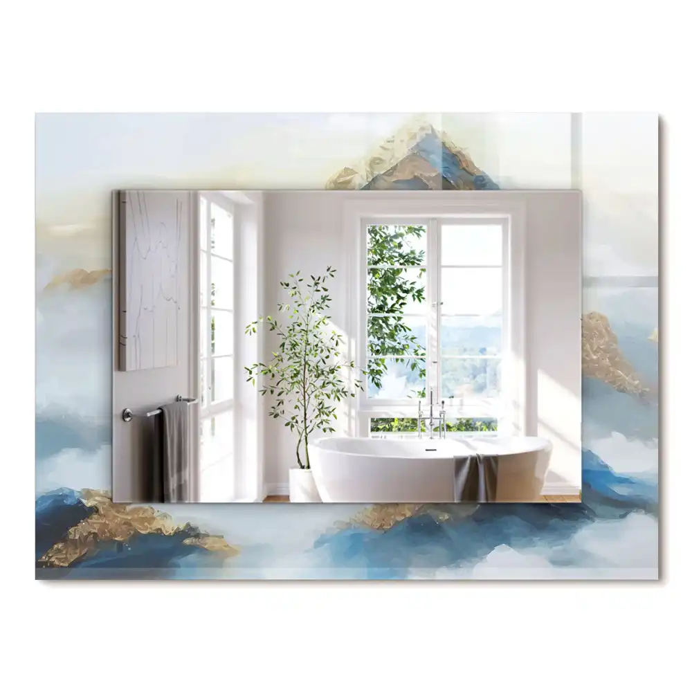 Oglindă decorativă de perete dreptunghiulară cu peisaj munți în ceață