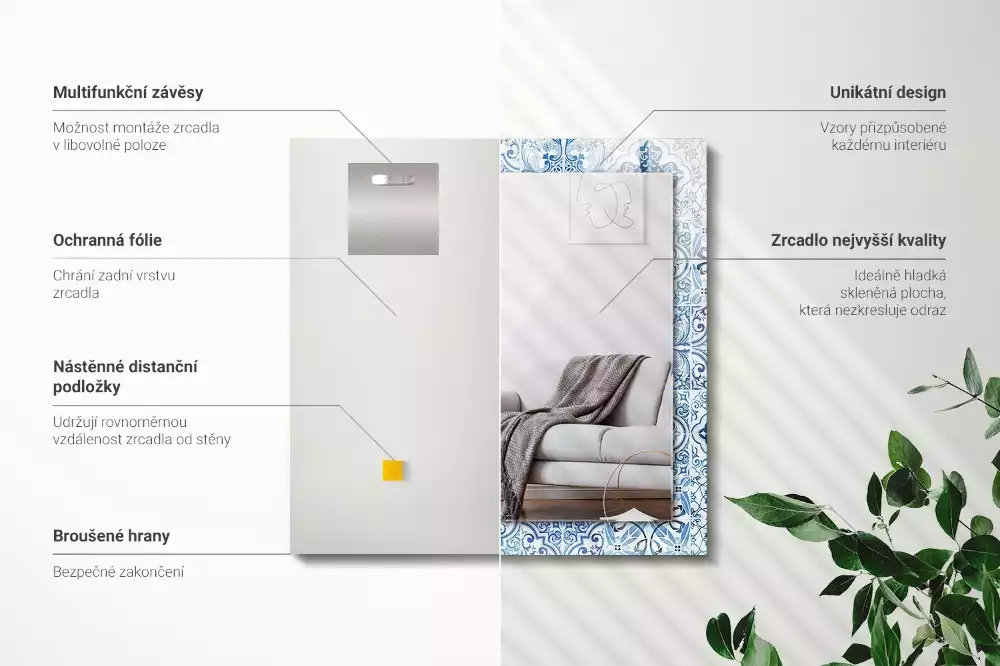 Oglindă dreptunghiulară cu imprimeu ceramic albastru