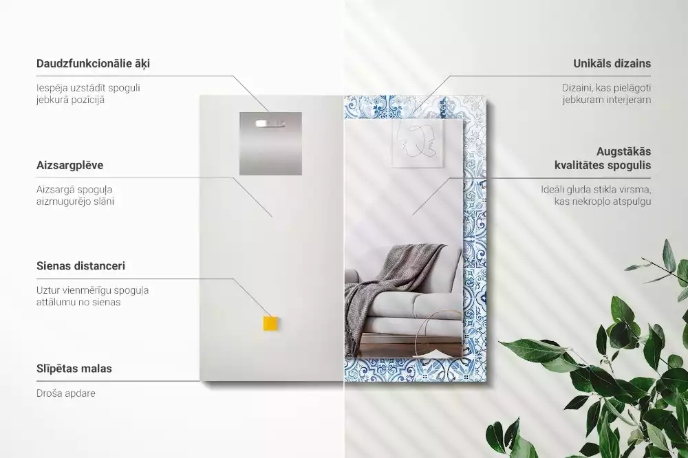 Oglindă dreptunghiulară cu imprimeu ceramic albastru