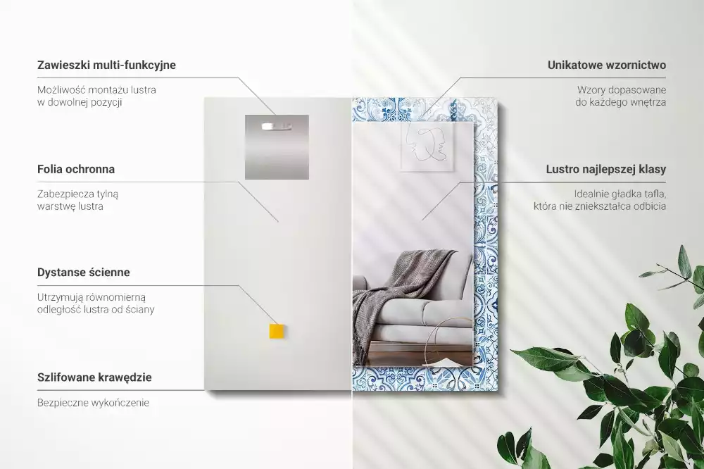 Oglindă dreptunghiulară cu imprimeu ceramic albastru