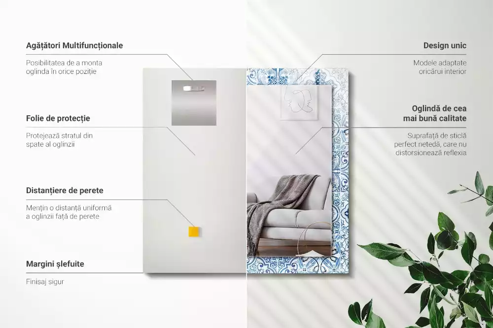 Oglindă dreptunghiulară cu imprimeu ceramic albastru
