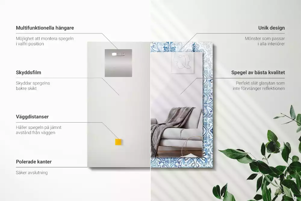 Oglindă dreptunghiulară cu imprimeu ceramic albastru