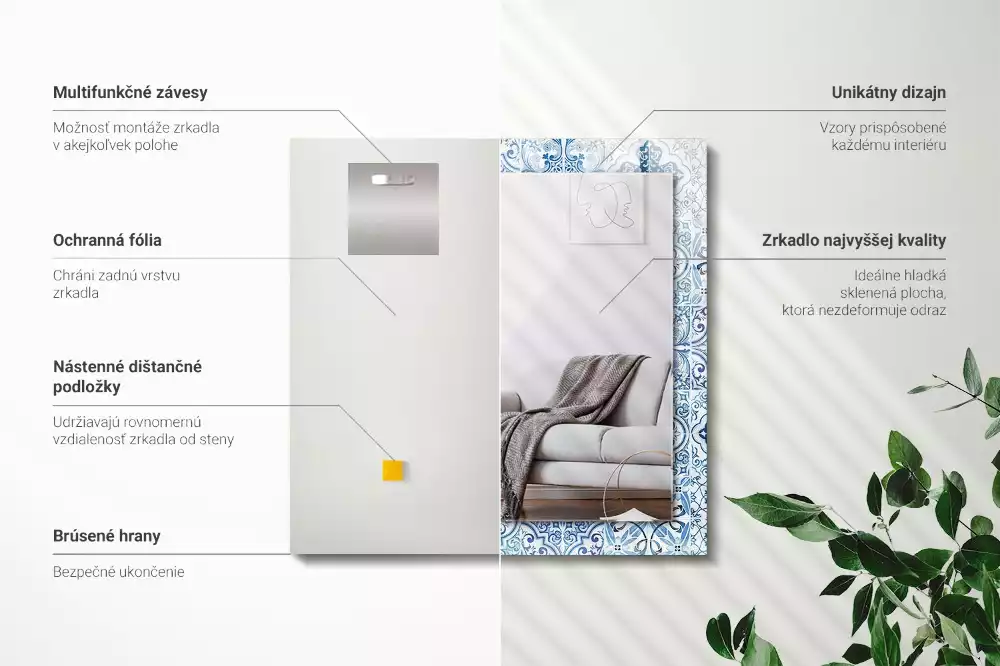 Oglindă dreptunghiulară cu imprimeu ceramic albastru