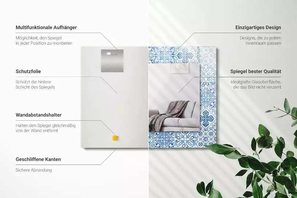 Oglindă dreptunghiulară cu imprimeu ceramic albastru