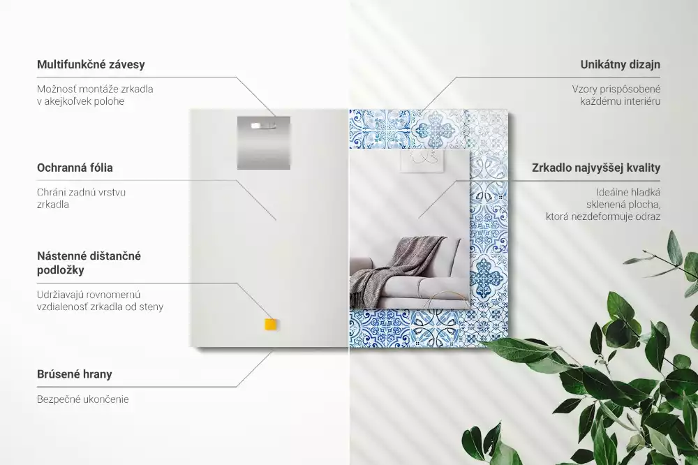 Oglindă dreptunghiulară cu imprimeu ceramic albastru