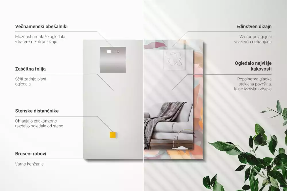 Oglindă dreptunghiulară cu ramă decorată cu imprimeu floral și frunze în nuanțe pastelate