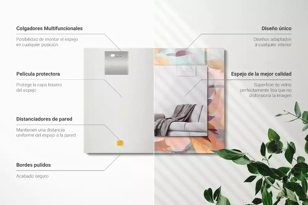 Oglindă dreptunghiulară cu ramă decorată cu imprimeu floral și frunze în nuanțe pastelate