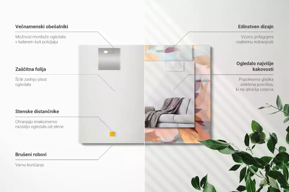 Oglindă dreptunghiulară cu ramă decorată cu imprimeu floral și frunze în nuanțe pastelate
