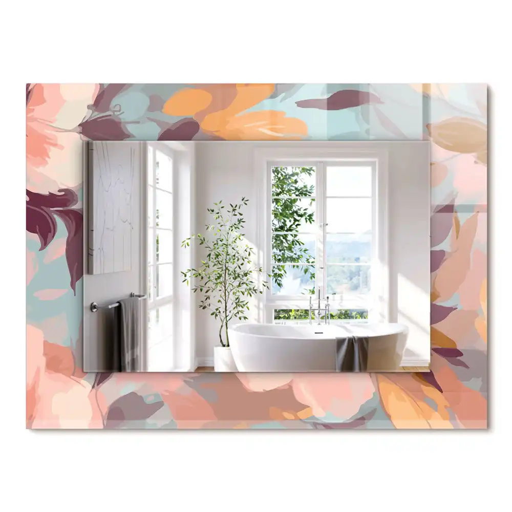 Oglindă dreptunghiulară cu ramă decorată cu imprimeu floral și frunze în nuanțe pastelate