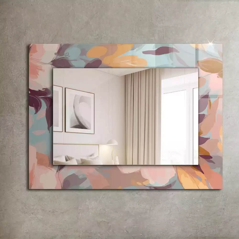 Oglindă dreptunghiulară cu ramă decorată cu imprimeu floral și frunze în nuanțe pastelate