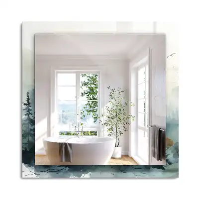 Oglindă dreptunghiulară cu decor pădure în ceață