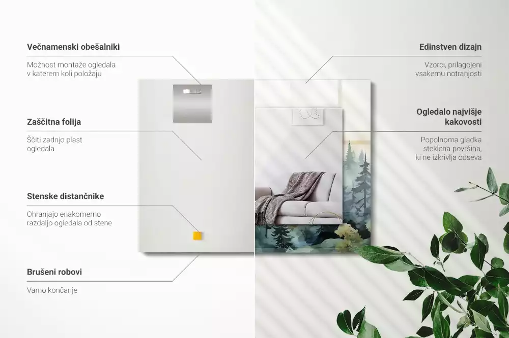 Oglindă dreptunghiulară cu decor pădure în ceață