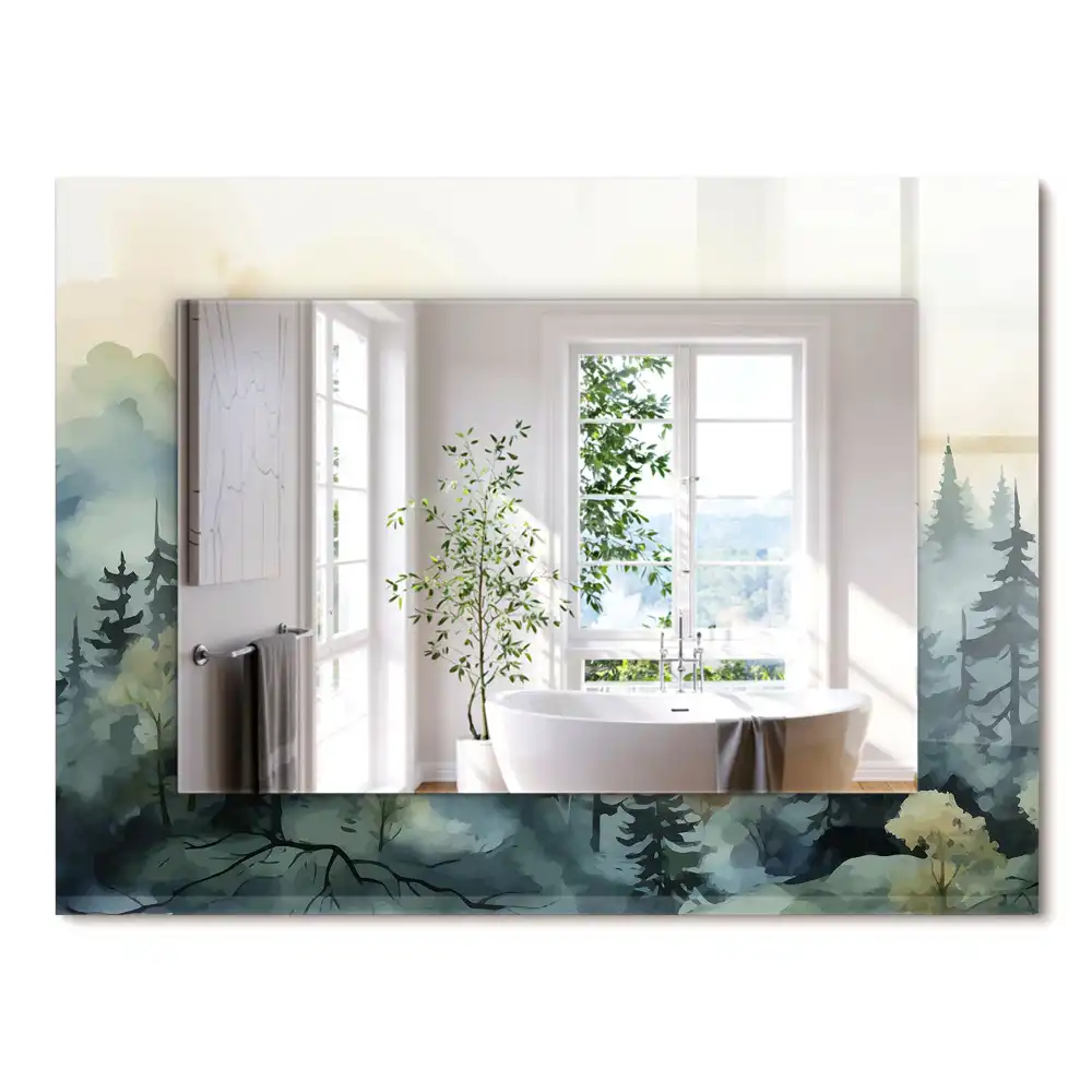 Oglindă dreptunghiulară cu decor pădure în ceață