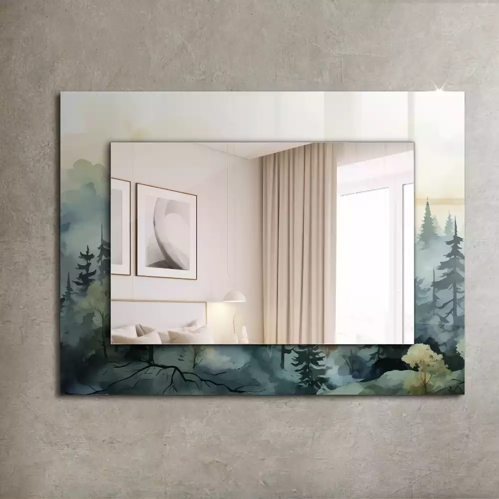 Oglindă dreptunghiulară cu decor pădure în ceață