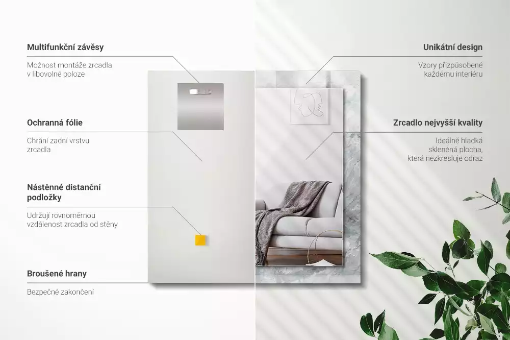Oglindă decorativă de perete dreptunghiulară cu aspect de marmură și vene gri