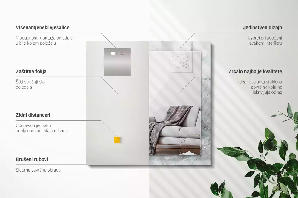 Oglindă decorativă de perete dreptunghiulară cu aspect de marmură și vene gri