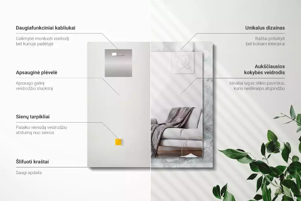 Oglindă decorativă de perete dreptunghiulară cu aspect de marmură și vene gri