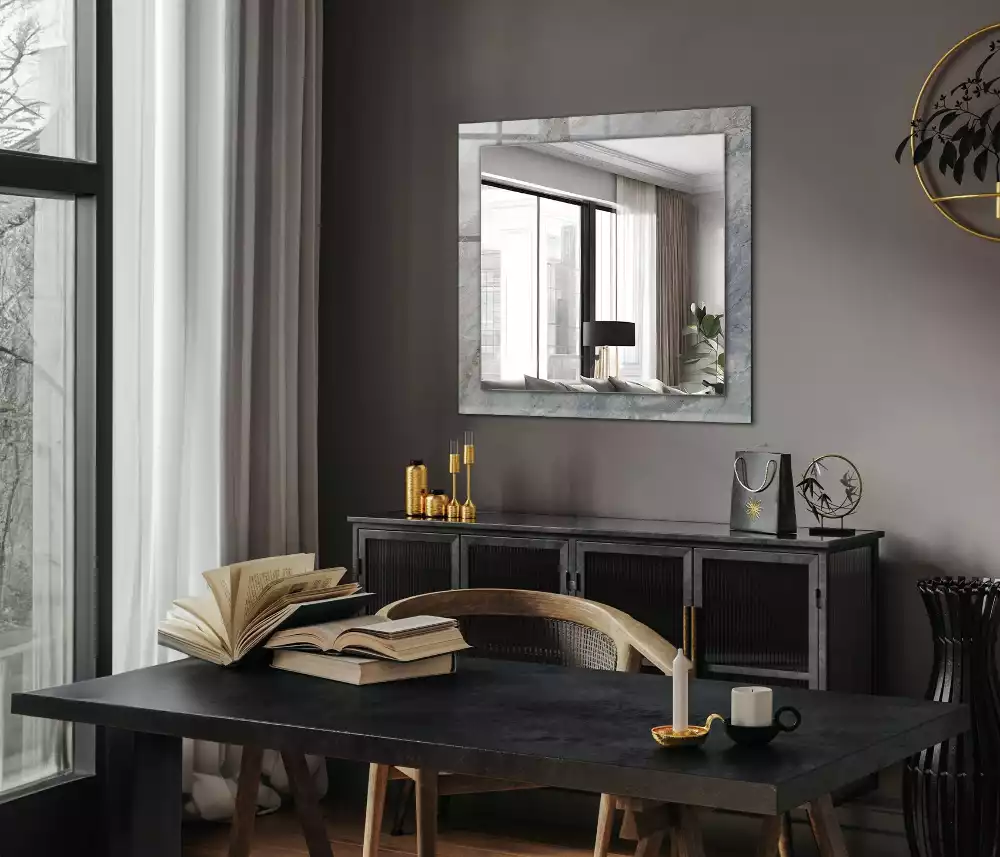 Oglindă decorativă de perete dreptunghiulară cu aspect de marmură și vene gri
