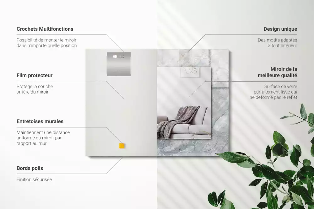 Oglindă decorativă de perete dreptunghiulară cu aspect de marmură și vene gri