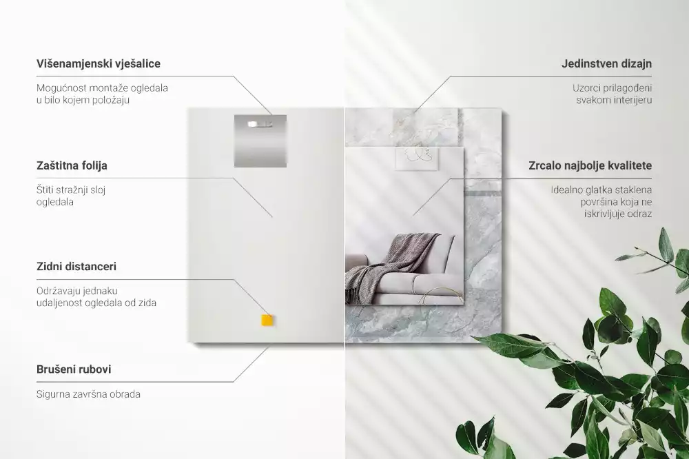 Oglindă decorativă de perete dreptunghiulară cu aspect de marmură și vene gri