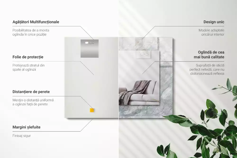 Oglindă decorativă de perete dreptunghiulară cu aspect de marmură și vene gri