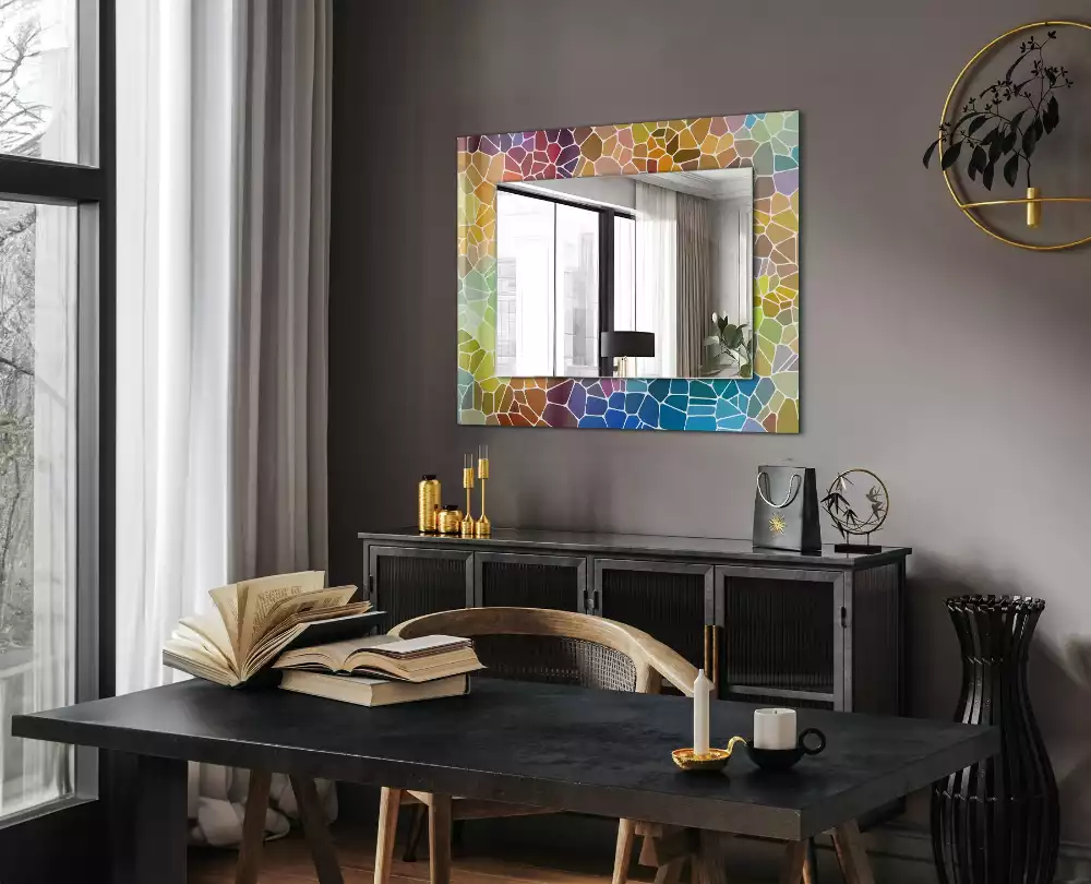 Oglindă decorativă dreptunghiulară cu model mozaic abstract colorat