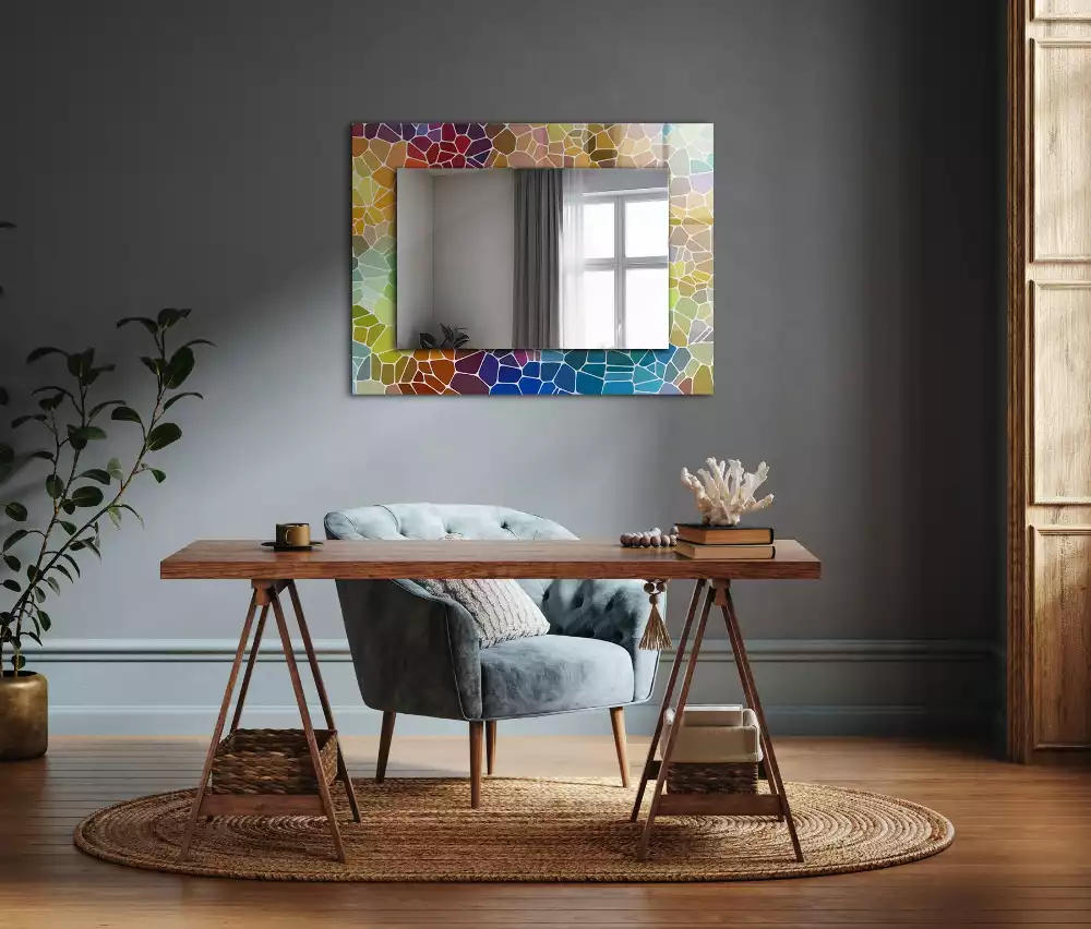Oglindă decorativă dreptunghiulară cu model mozaic abstract colorat