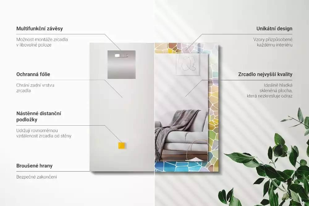 Oglindă decorativă dreptunghiulară cu model mozaic abstract colorat