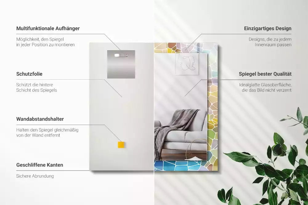 Oglindă decorativă dreptunghiulară cu model mozaic abstract colorat