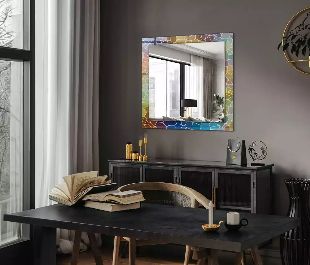 Oglindă decorativă dreptunghiulară cu model mozaic abstract colorat