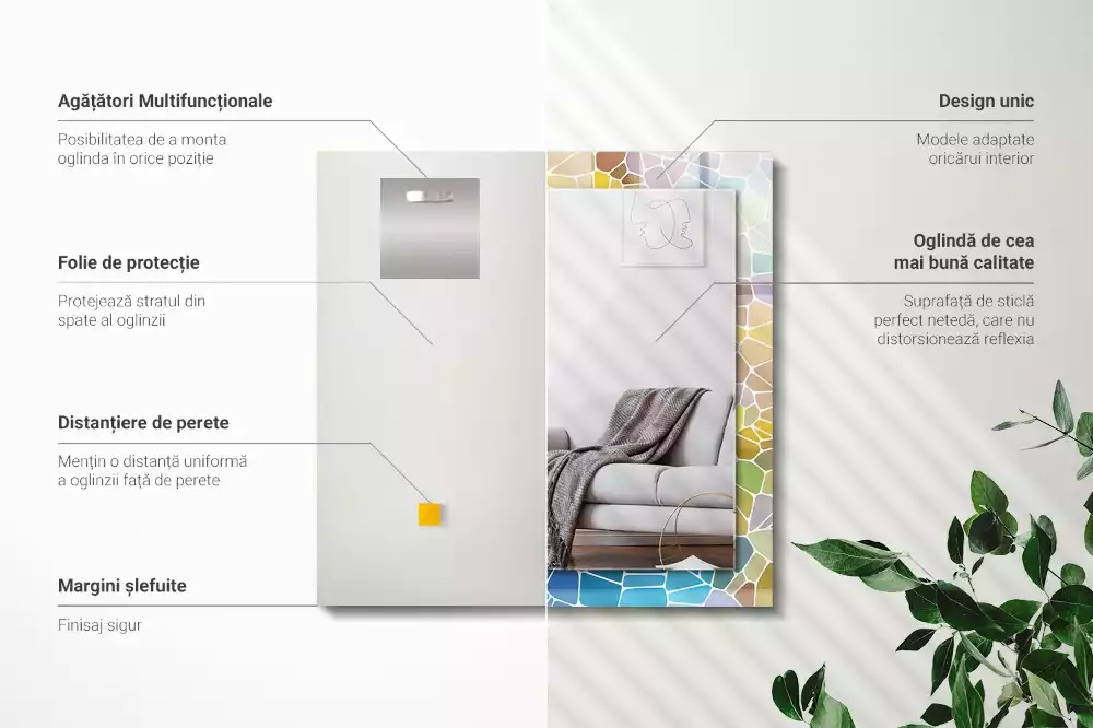 Oglindă decorativă dreptunghiulară cu model mozaic abstract colorat